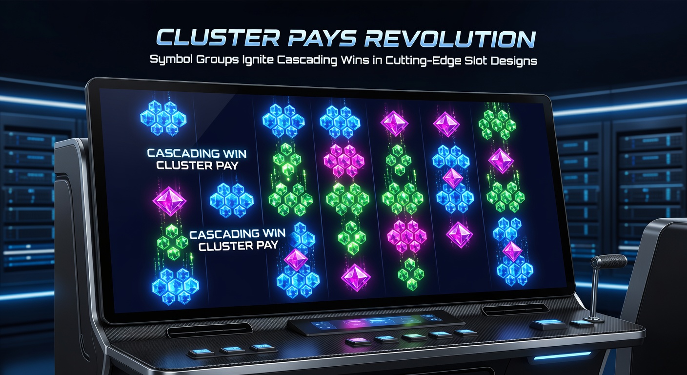 Voorbeeldscherm van een cluster pays slot met meerdere cascading winsten, exploderende symboolgroepen en een groeiende multiplier-tracker