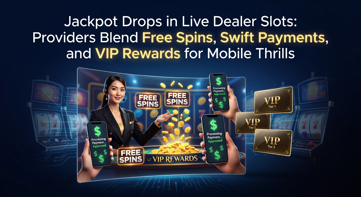 Schermafbeelding van een live dealer-slot met vallende jackpot-drops, omringd door mobiele icons en beloningsbanners