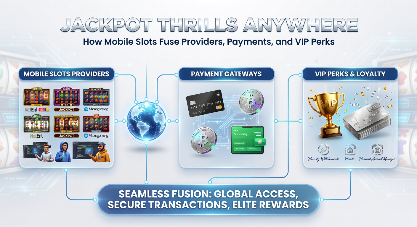 Diverse betaaliconen en VIP-level badges rond een mobiele slotinterface, met jackpotuitbetaling en loyalty points zichtbaar
