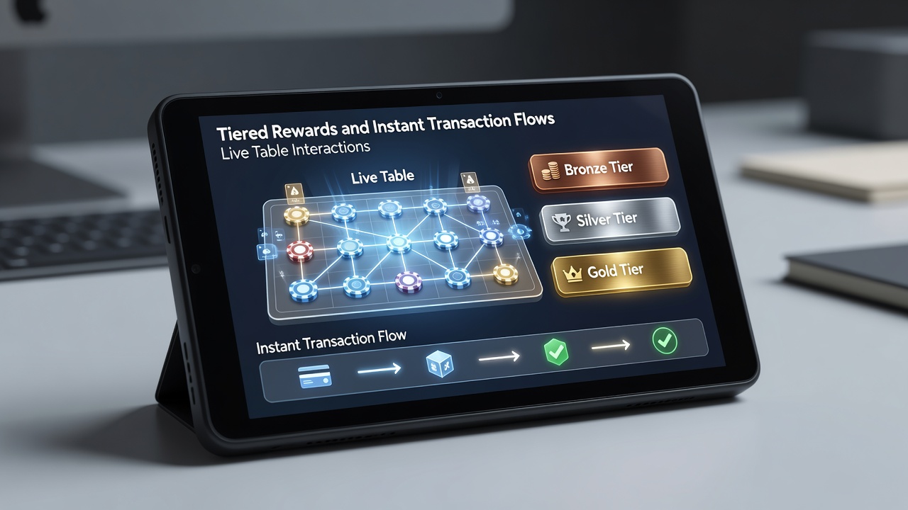 Illustratie van live tafelinteracties met beloningsstructuren en mobiele transacties