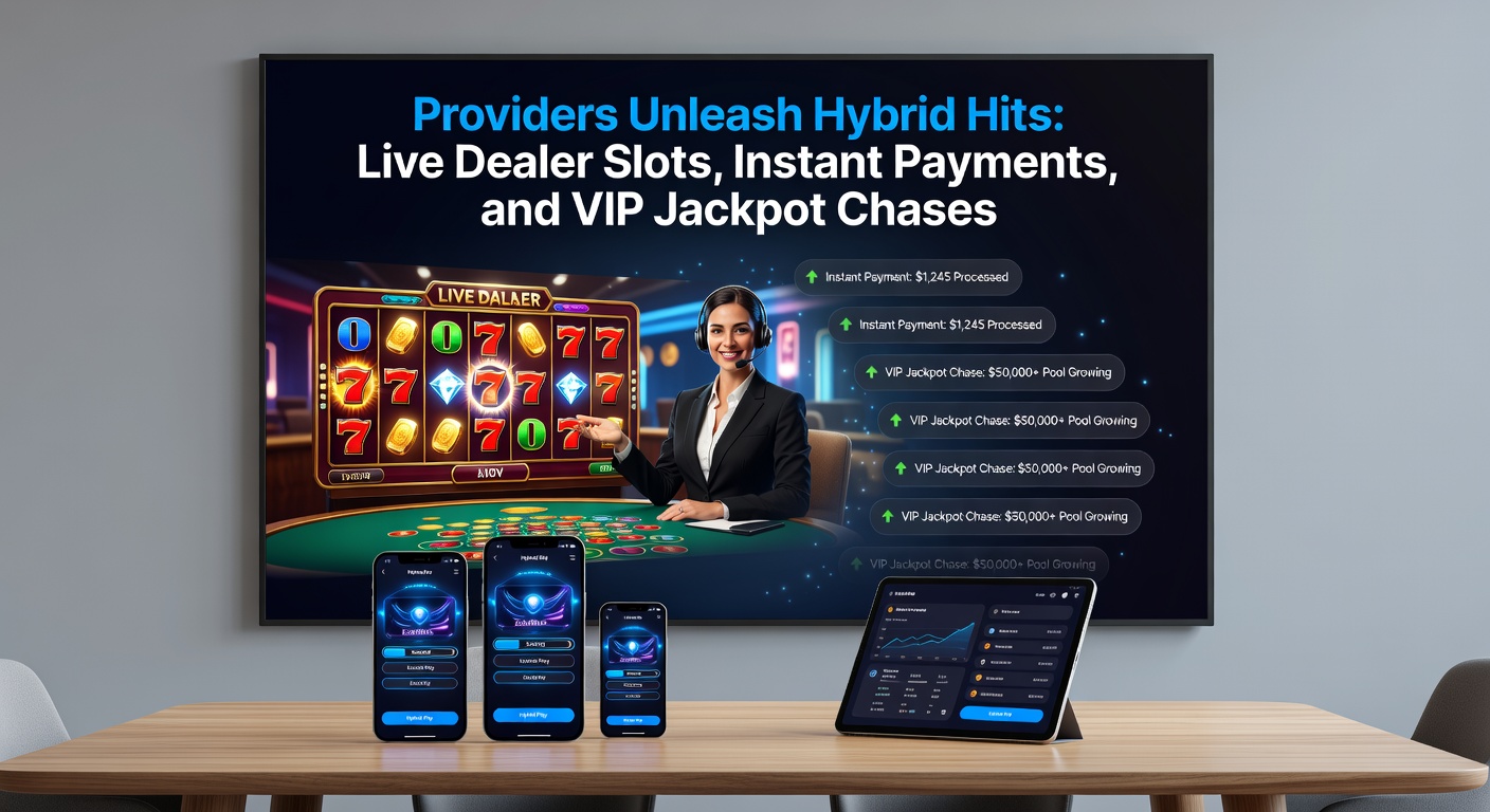 Schermafbeelding van een live dealer slot game met dealer achter een tafel en draaiende rollen, omringd door digitale effecten en jackpot tellers