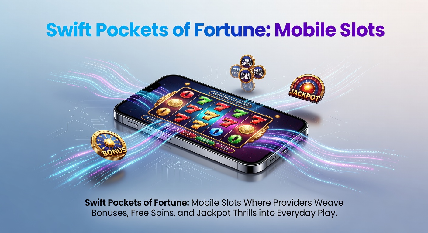 Mobiele slot met draaiende rollen en bonus-symbolen op een smartphone-scherm, omringd door jackpot-munten en free spin-icoontjes