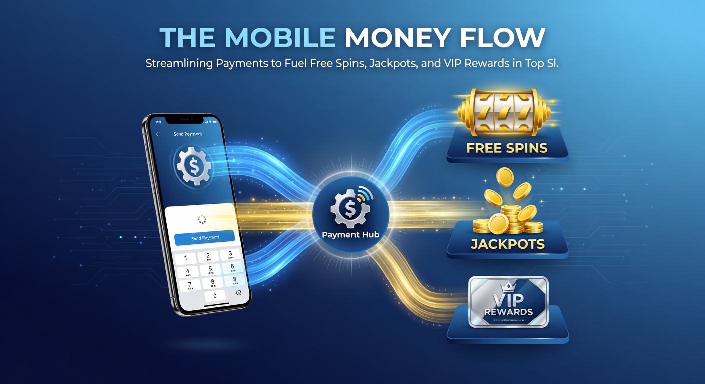 Grafiek van geldstromen in mobiele slots met pijlen naar free spins, jackpots en vip-iconen