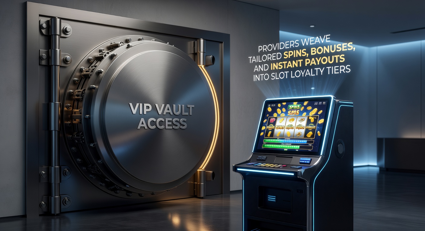 Afbeelding van een glinsterende VIP-kluis met slotsymbolen, bonussen en gouden munten die eruit stromen, symboliserend exclusieve loyaliteitsbeloningen